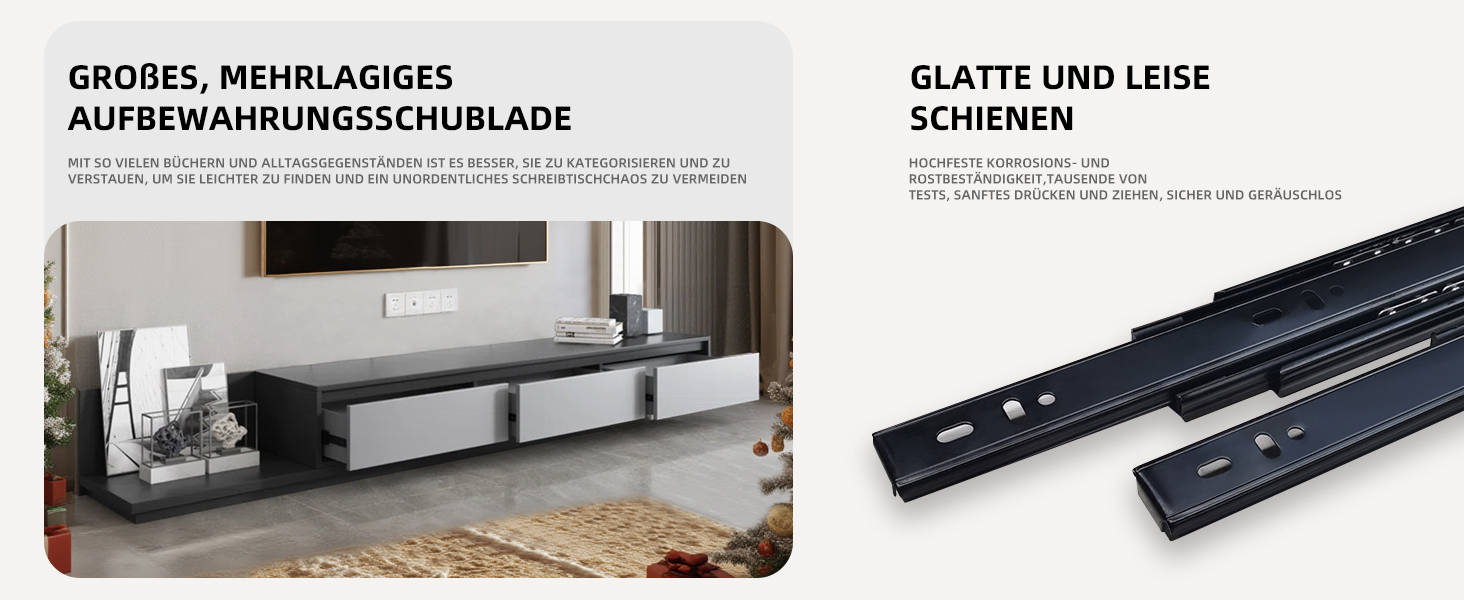 Geteiltes Bild, das eine mehrlagige Schublade in einem Wohnzimmer und glatte schwarze Schubladenschieber zeigt. Der deutsche Text beschreibt die Merkmale der Lager- und Schubladenmechanismen