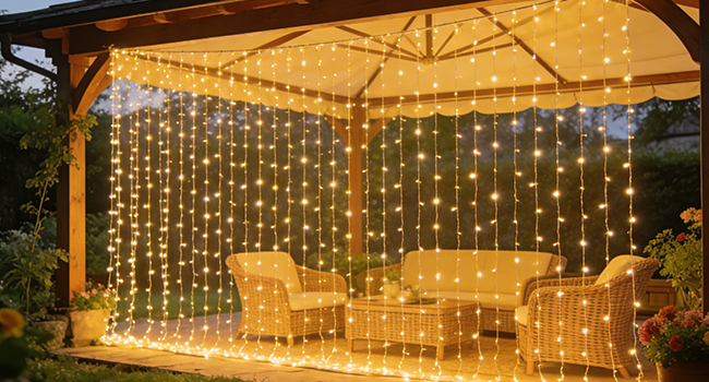 Des rideaux LED blancs chauds créent un affichage lumineux en cascade sous ce qui semble être un auvent extérieur ou une structure de pergola.