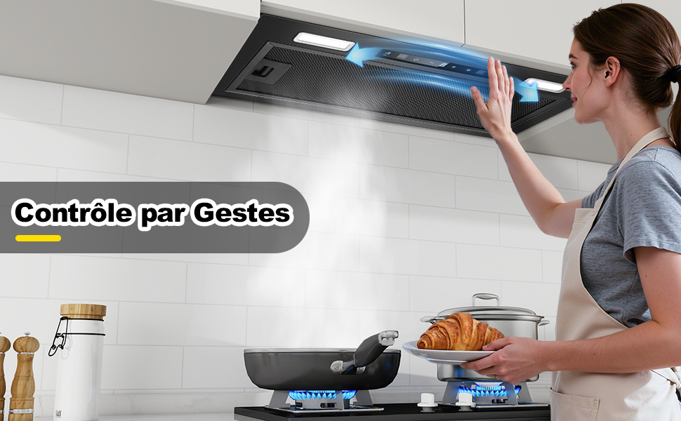 Le texte se lit comme suit : « Controle par Gestes ». Série montrant l'interaction de la commande gestuelle avec un appareil électronique, illustrant les commandes de mouvement de la main.