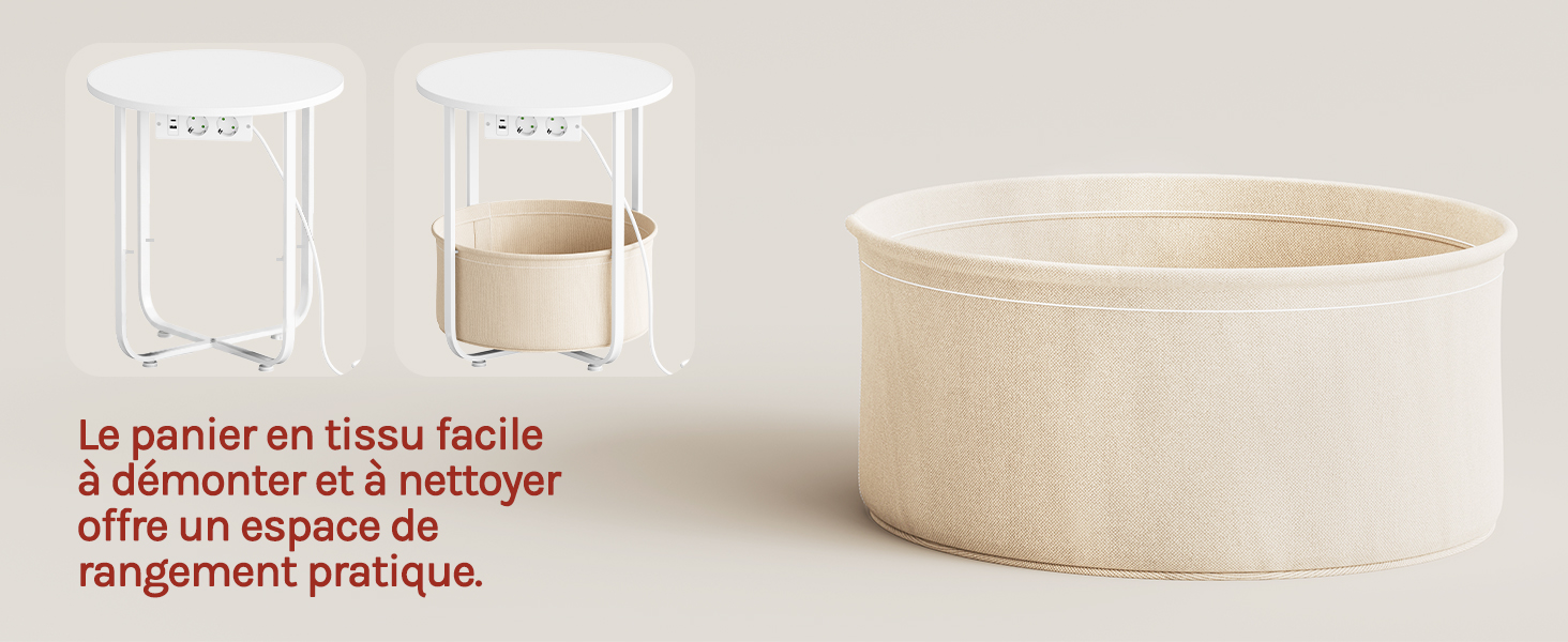 Le texte se lit comme suit : « Le panier en tissu facile à décorer et à nettoyer offre un espace de rangement pratique ». Panier de rangement en tissu tissé illustré en trois vues : design plat pliable et forme déployée présentant une texture tissée beige naturelle avec poignées.