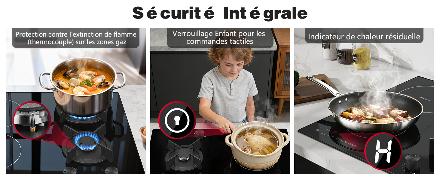 Le texte se lit comme suit : « Sécurité Intégrale ». Série d'images de démonstration de cuisine montrant les dispositifs de sécurité utilisés sur la cuisinière et la cuisine.