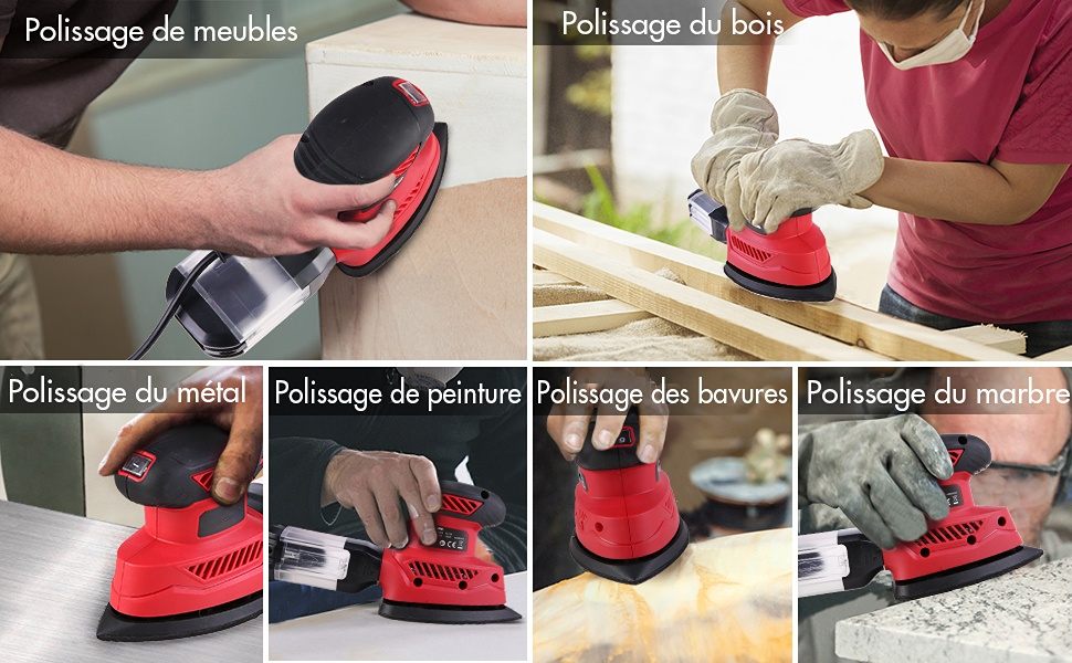 Collage di una levigatrice elettrica rossa utilizzata su diverse superfici: legno, metallo, mobili, vernice e marmo. Mani mostrate mentre maneggiano l'utensile.