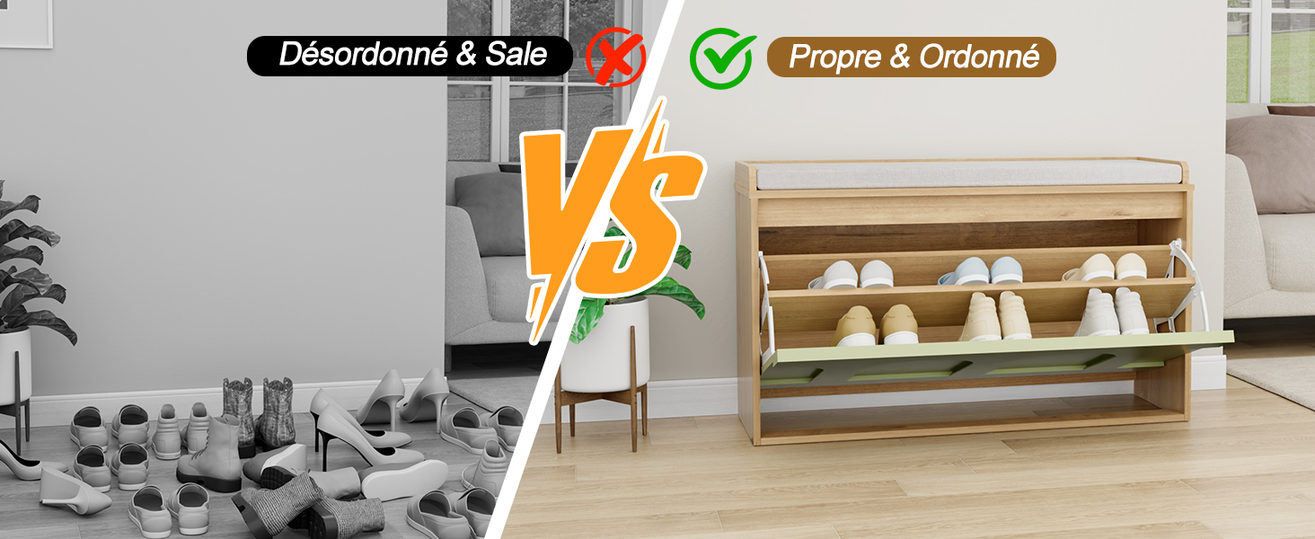 Le texte indique « Obsessed 4 less », « Proper &amp; Glam », « Vs ». Disposition comparative montrant les espaces intérieurs avant/après la maison avec des solutions de mobilier et de rangement.