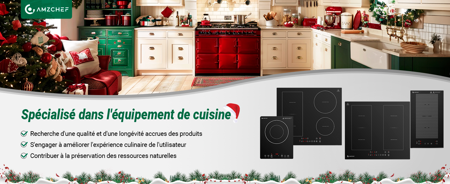 avec des armoires rouges et blanches décorées pour les fêtes, avec des équipements et appareils de cuisine spécialisés.