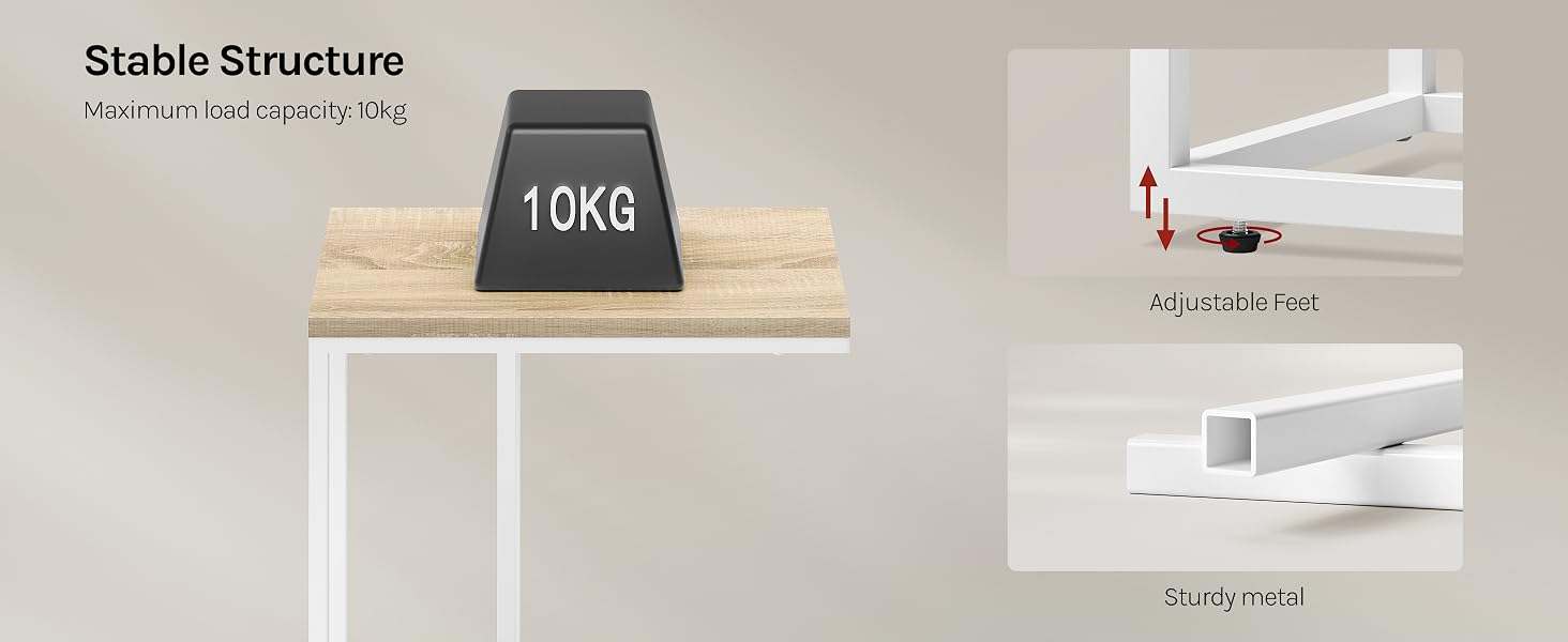 Tabletop with 10kg weight demonstrating stability. Side panels show adjustable leg and frame structure. Text indicates 'Stable Structure' and 'High-tech ABS & stable legs'.