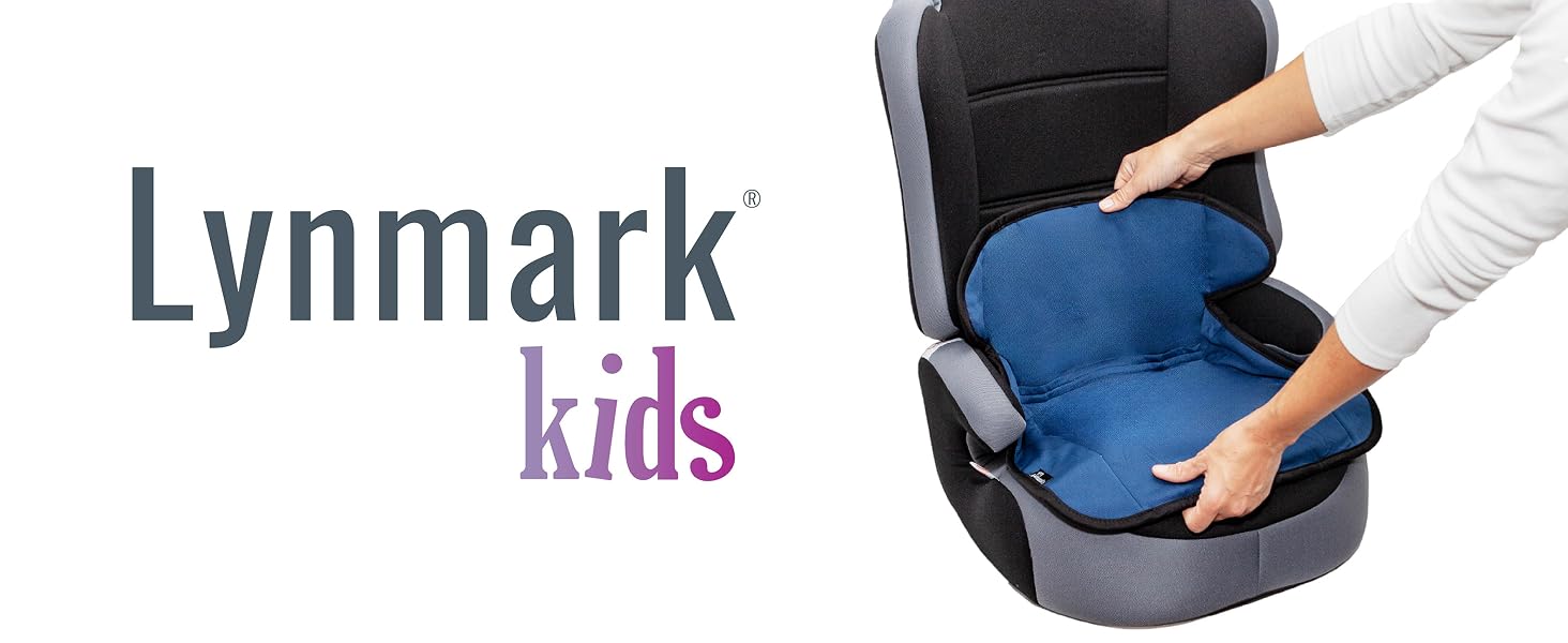 Hands placing a blue cushion or insert into a gray car seat. Text 'Lynmark kids' visible above the image.