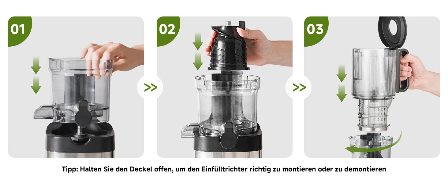 Dreiteiliges Anleitungsbild für den Zusammenbau einer Küchenmaschine. Zeigt Hände, die den Deckel anbringen, die Schneidklinge einsetzen und die Schüssel am Boden befestigen