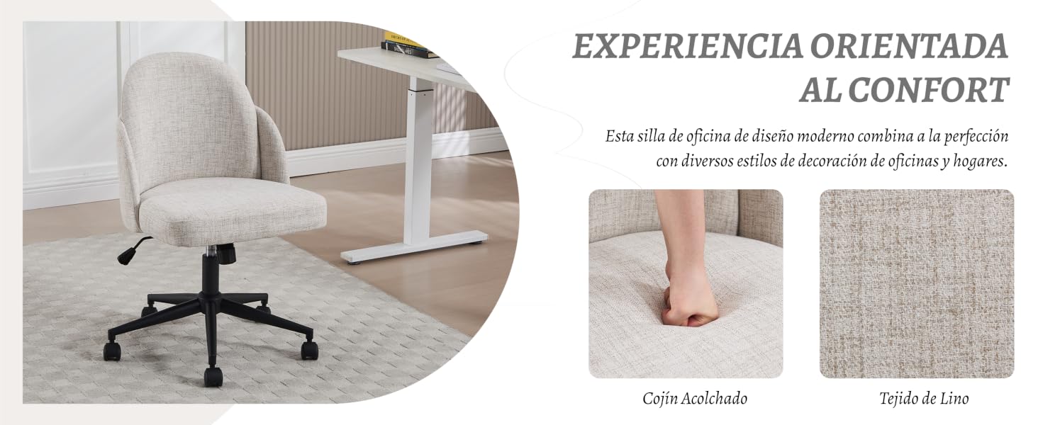 Texto: «EXPERIENCIA ORIENTADA AL CONFORT». Imágenes del entorno de oficina que muestran muebles ergonómicos y configuraciones de espacio de trabajo en escala de grises.