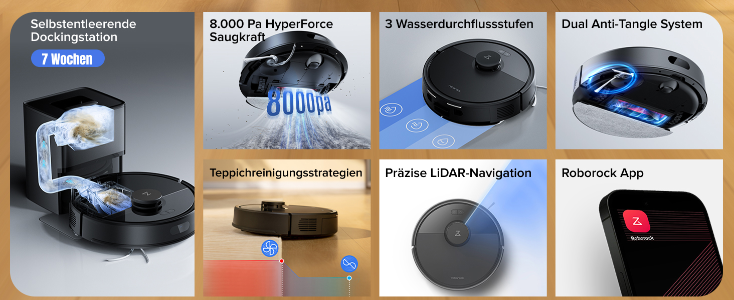 Zusammengesetztes Bild, das die Funktionen eines Roboter-Staubsaugers zeigt, darunter eine selbstentleerende Dockingstation, Saugkraft, Wassertankfüllstände, Verhedderschutzsystem, präzise Navigation und Steuerung über mobile