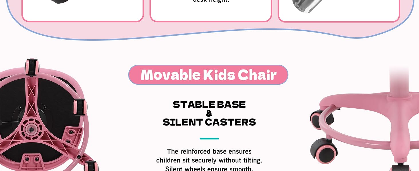 Text reads 'Movable Kids Chair' and 'STABIL/SAFE SILENT/LOVERS'. Pink technical diagram showing adjustable children's chair components and measurements.