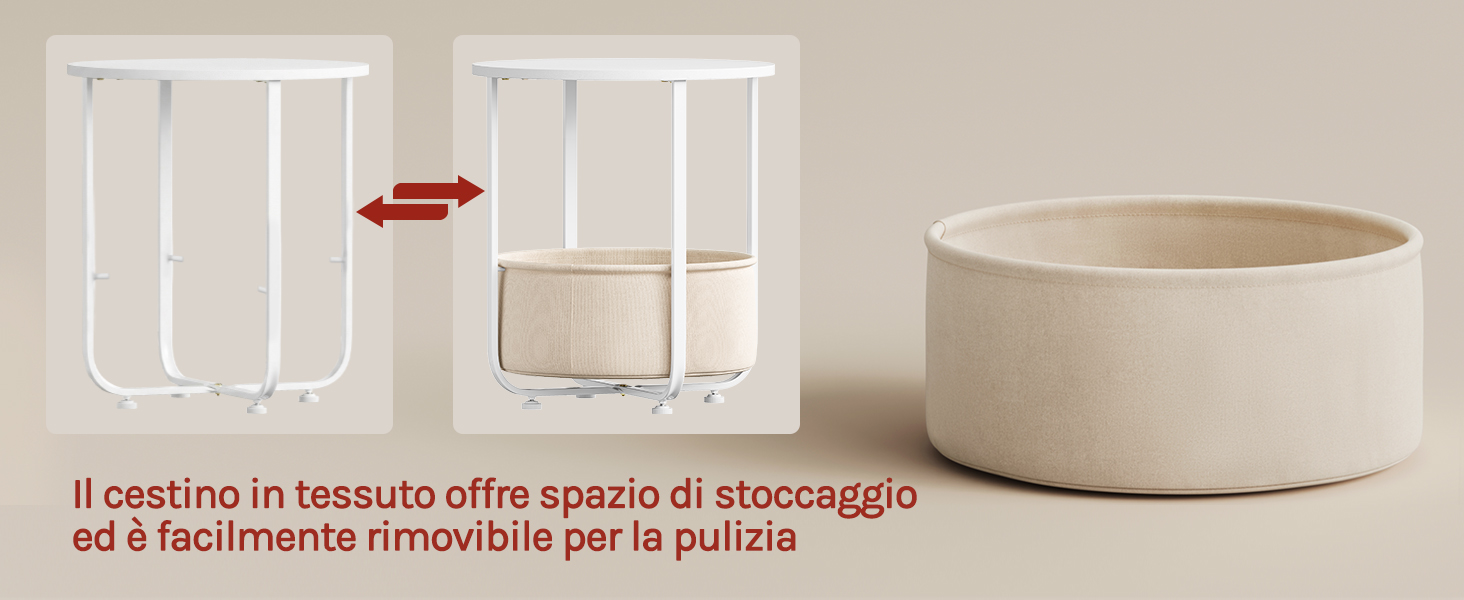 Il testo in italiano recita «Il cestino in tessuto offre spazio di stoccaggio ed è facilmente rimovibile dalla base». Mostra cestini portaoggetti in tessuto bianco su telai metallici.