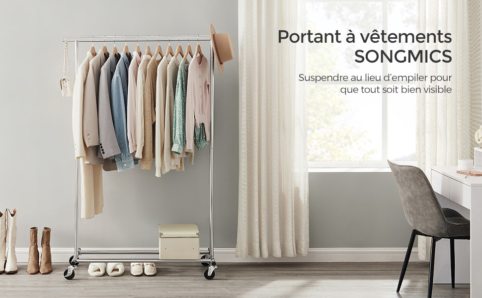 Portant à Vêtements Blanc avec Roulettes, Porte-manteau avec Etagere, en Métal, Charge 50 kg, 80 Portant à Vêtements Blanc avec Roulettes, Porte-manteau avec Etagere, en Métal, Charge 50 kg, 80