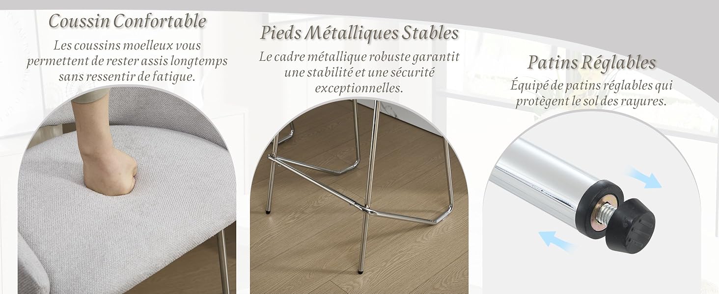 Le texte se lit comme suit : « Coussin confortable », « Points d'acupression Sans Doux », « Parfait Réglables ». Trois schémas de produits illustrant les détails des coussins et les mécanismes de réglage.