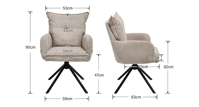 Diagrama técnico de la silla giratoria tapizada que muestra las dimensiones: 90 cm de altura, 63 cm de ancho y 45 cm de profundidad. Vista lateral y frontal con las medidas etiquetadas.