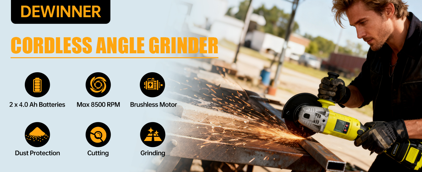 Le texte indique « DEWINNER » et « MEULEUSE D'ANGLE SANS FIL ». Images de démonstration du produit montrant une meuleuse d'angle sans fil avec des icônes de performance indiquant les caractéristiques de la batterie et de l'alimentation.