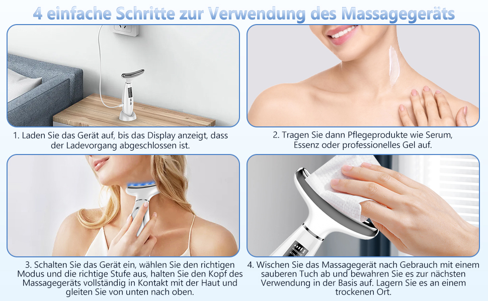 Anleitungsdiagramm mit vier Schritten zur Verwendung eines Handmassagegeräts, mit deutschem Text und Demonstrationsbildern für die richtige Anwendung und Reinigung