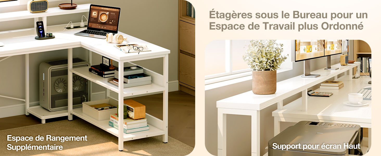 Le texte se lit comme suit : « Elegante signe le Bureau pour un Espace de Travail plus Ordonné ». Configuration moderne d'un espace de travail de bureau blanc avec plusieurs niveaux de stockage et fonctionnalités organisationnelles