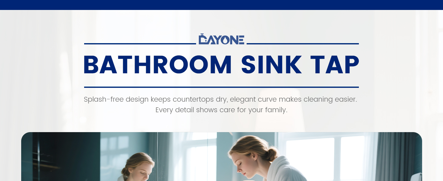 Text reads 'BATHROOM SINK TAP'. Product advertisement showing multiple panels of bathroom sink usage scenarios.