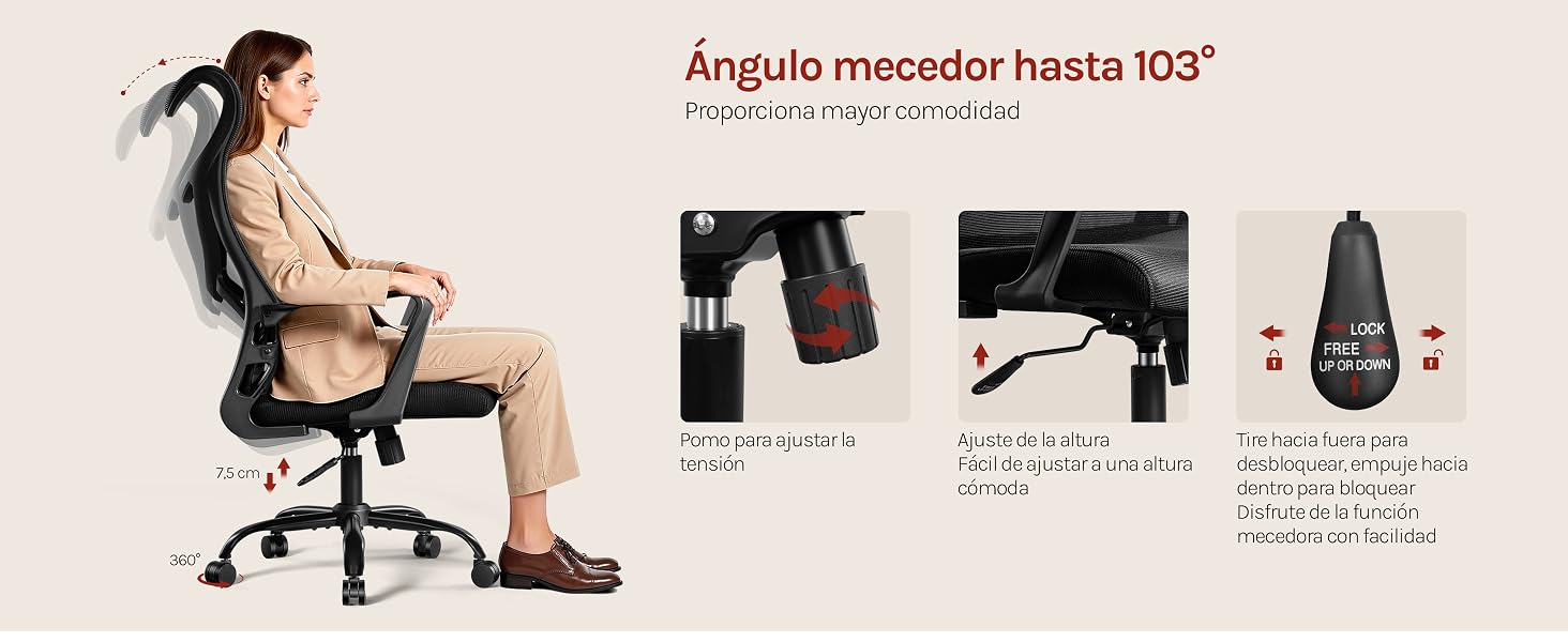 El texto dice «Ángulo mocedor hasta 103°». Demostración del producto que muestra las distintas posiciones y ángulos de un dispositivo ajustable.
