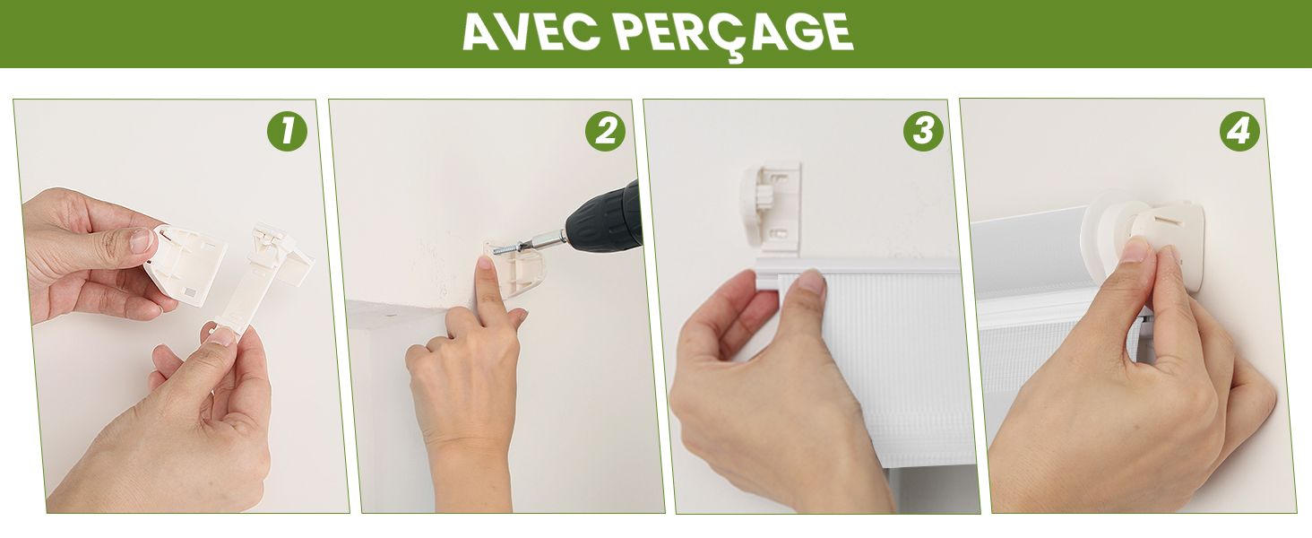 Schéma d'instructions en quatre étapes montrant des mains démontrant le processus de montage mural avec les étapes de perçage et d'installation sur une surface blanche