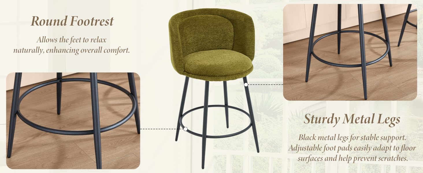 Text reads 'Round Footrest' and 'Sturdy Metal Legs'. Multiple views of a modern ottoman or footstool with olive green upholstery and black metal legs shown from different angles.