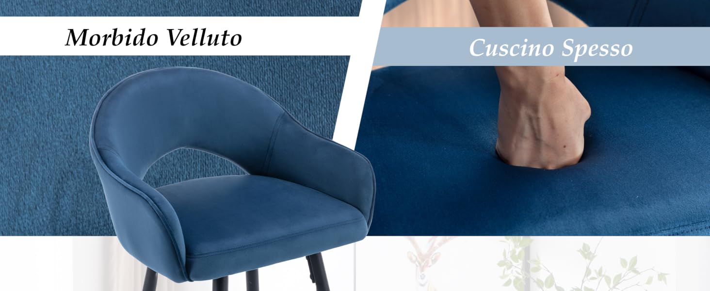 Sedia imbottita blu con schienale e braccioli curvi. Gambe non visibili. L'immagine divisa mostra in primo piano la texture blu della superficie imbottita