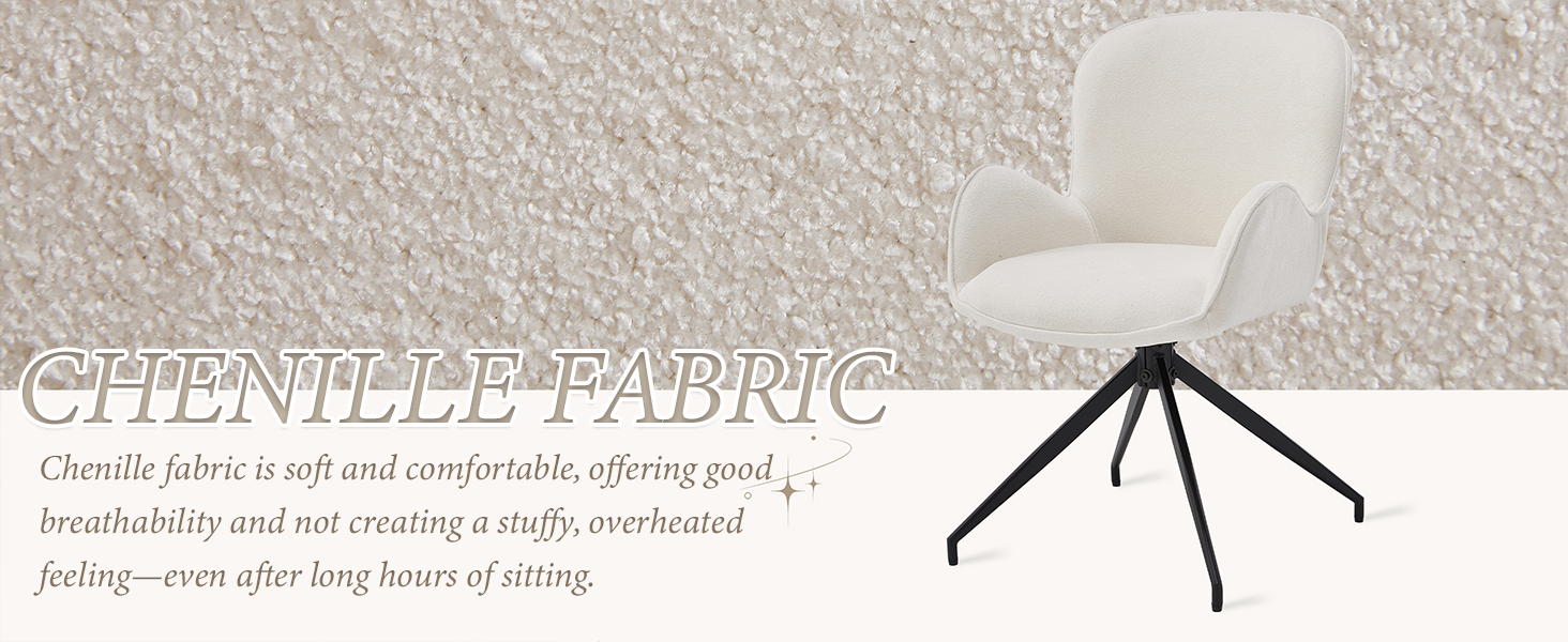 Text reads 'CHENILLE FABRIC'. Simple black tripod stand or frame shown against textured light background.