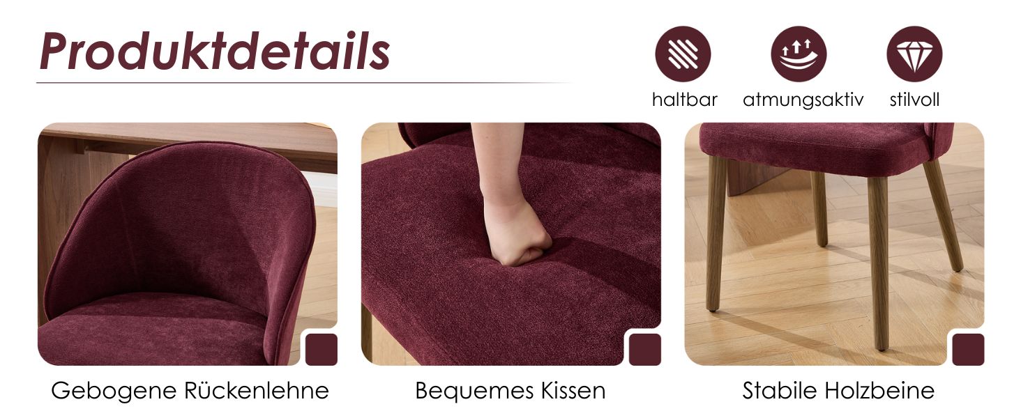 Serie von Produktbildern von Möbeln, die scheinbar Esszimmerstühle oder Sitzmöglichkeiten in burgunderfarbener Polsterung mit Holzbeinen zeigen.