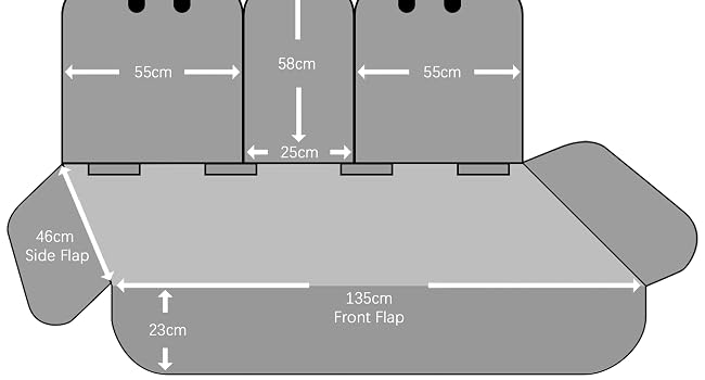 Text reads 'FITS ALL VEHICLES' with technical diagram showing measurement guidelines for vehicle backseat dimensions. Illustrations of different car types with measurement points indicated.