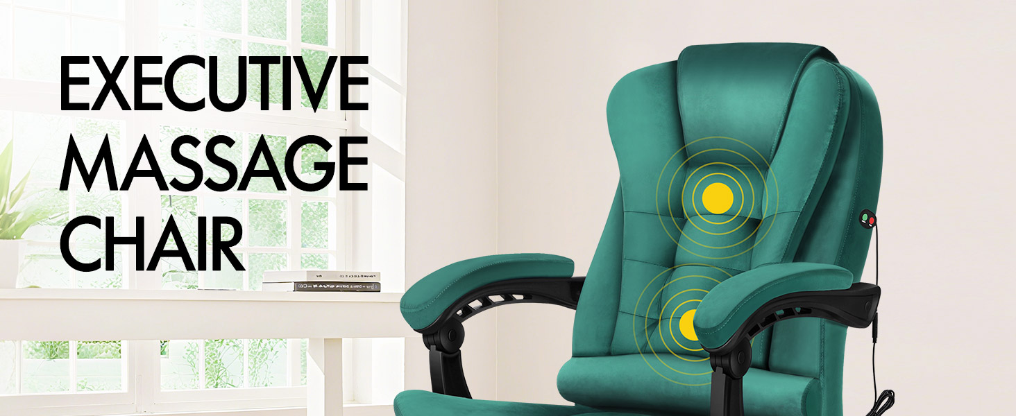 Text reads 'EXECUTIVE MASSAGE CHAIR'. Teal green upholstered massage chair with black base and armrests, showing yellow circular massage node controls on backrest against light interior background.