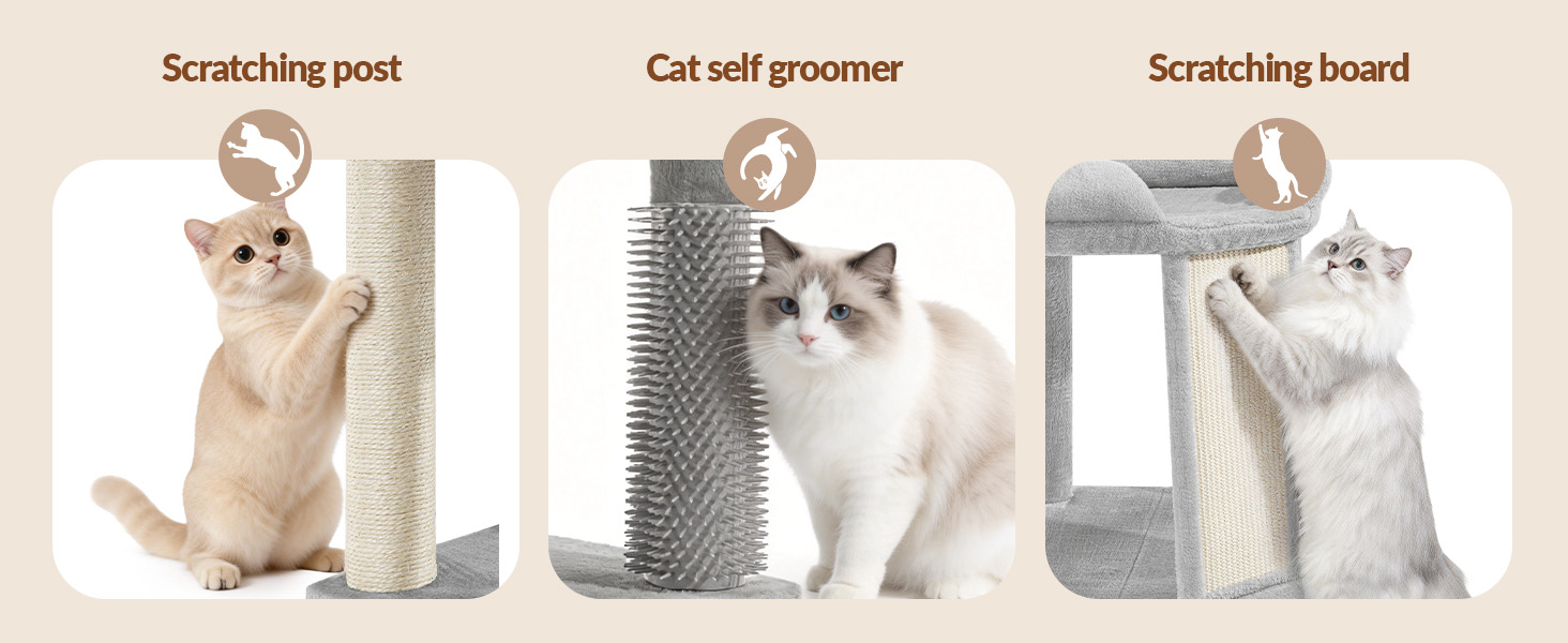 Le texte se lit comme suit: « Poteau à gratter », « Planche à gratter pour chat », « Planche à gratter ». Quatre surfaces rayées beiges et grises présentées présentent différents motifs d'usure dus à l'utilisation par les chats.