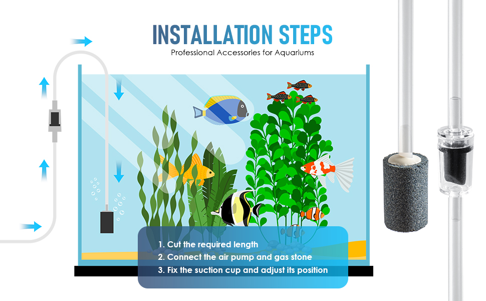 Text reads 'INSTALLATION STEPS'. Aquarium setup diagram showing filter placement with blue background, decorative plants, and fish. Arrows indicate water flow direction.