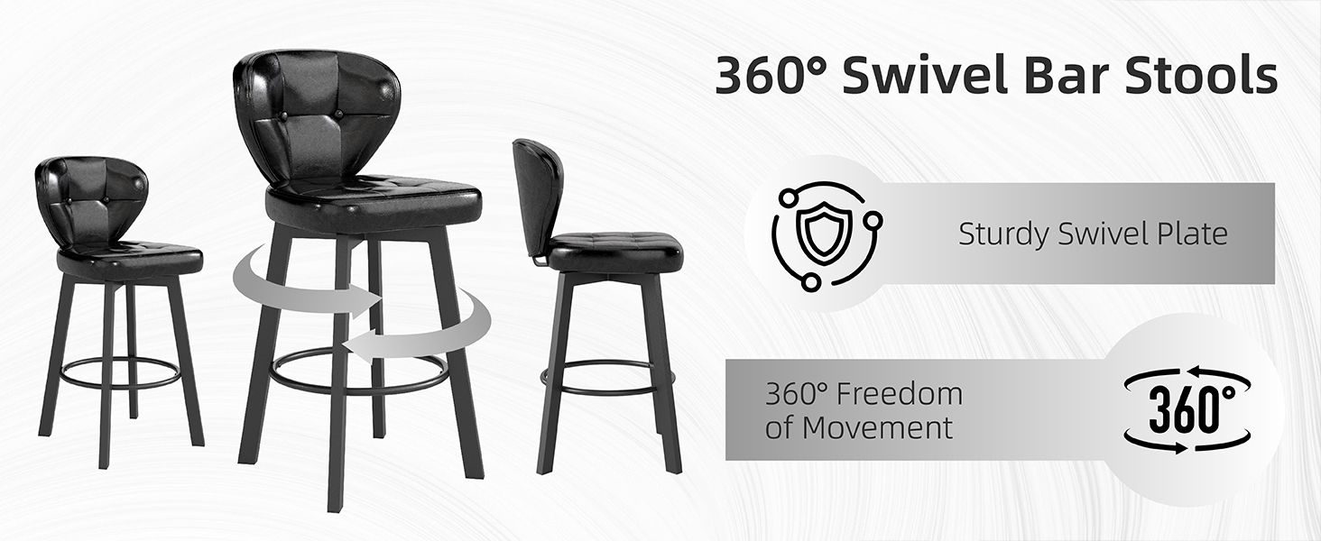 Text reads '360° Swivel Bar Stools' and 'Sturdy Swivel Plate'. Three black leather bar stools shown in different sizes, featuring 360-degree rotation capability.