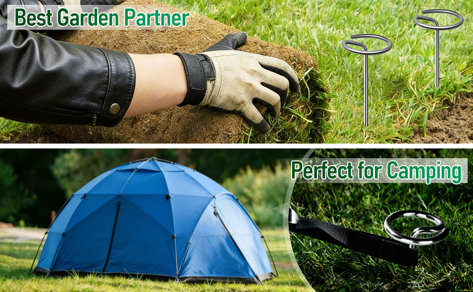 Series of images showing gloved hands demonstrating tent setup or camping equipment assembly in an outdoor setting
