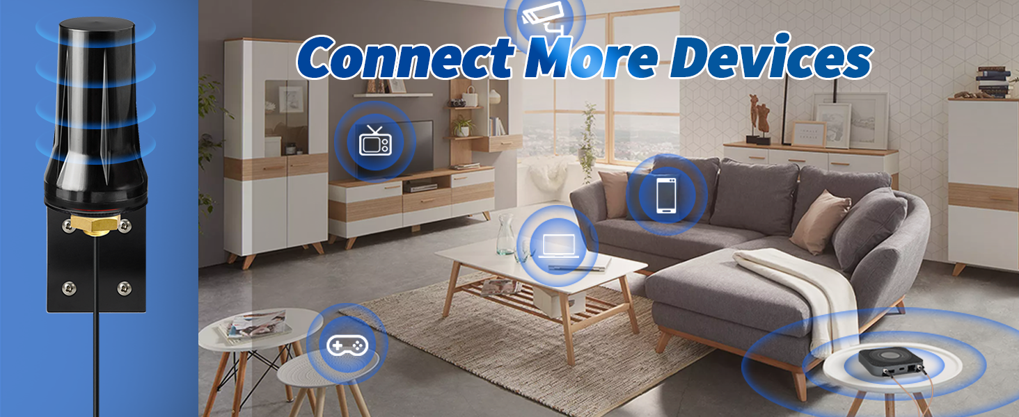 Living room with connected devices, including TV, smartphone, and speaker. Text overlay reads 'Connect More Devices'.