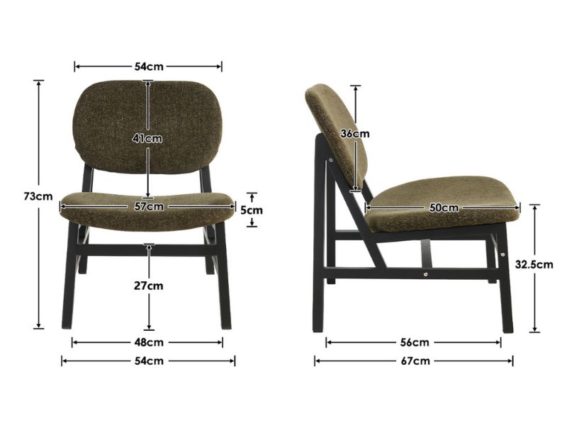 Schéma technique montrant les dimensions du fauteuil vu de face et de côté. Les mesures incluent 34 cm, 73 cm, 46 cm et d'autres dimensions spécifiques indiquées sur l'illustration.
