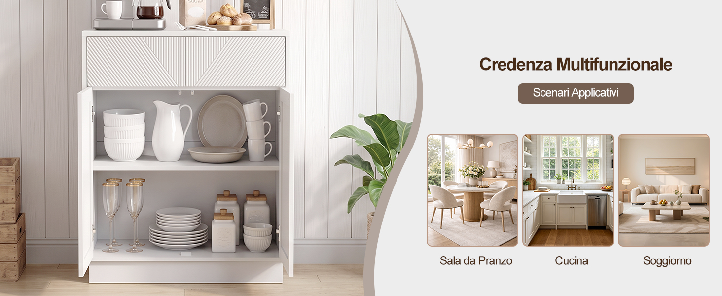 Il testo recita «Credenza Multifunzionale» e «Scegli l'Ambiente». Scaffale bianco con scomparti aperti che espongono stoviglie e complementi d'arredo, disposti in tre ambientazioni interne.
