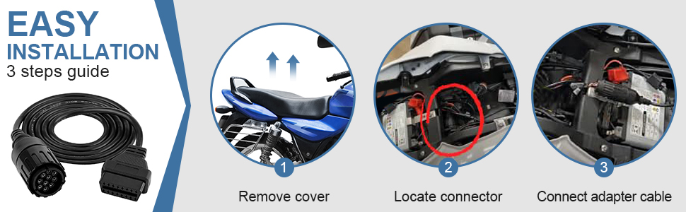 Guide d'installation en trois étapes illustrant le processus de connexion du câble de l'adaptateur du véhicule avec des images montrant le retrait du couvercle, l'emplacement du connecteur et la connexion du câble
