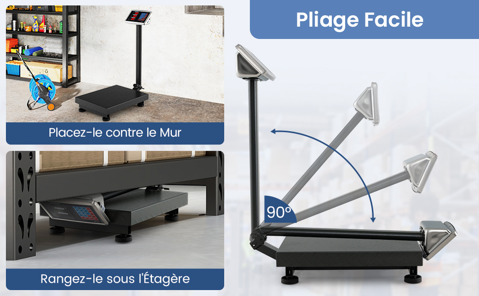 avec présentoir réglable. Les caractéristiques comprennent le placement mural, le rangement sous les étagères et le mécanisme de pliage à 90 degrés. Le texte indique « Pliage Facile » (pliage facile)