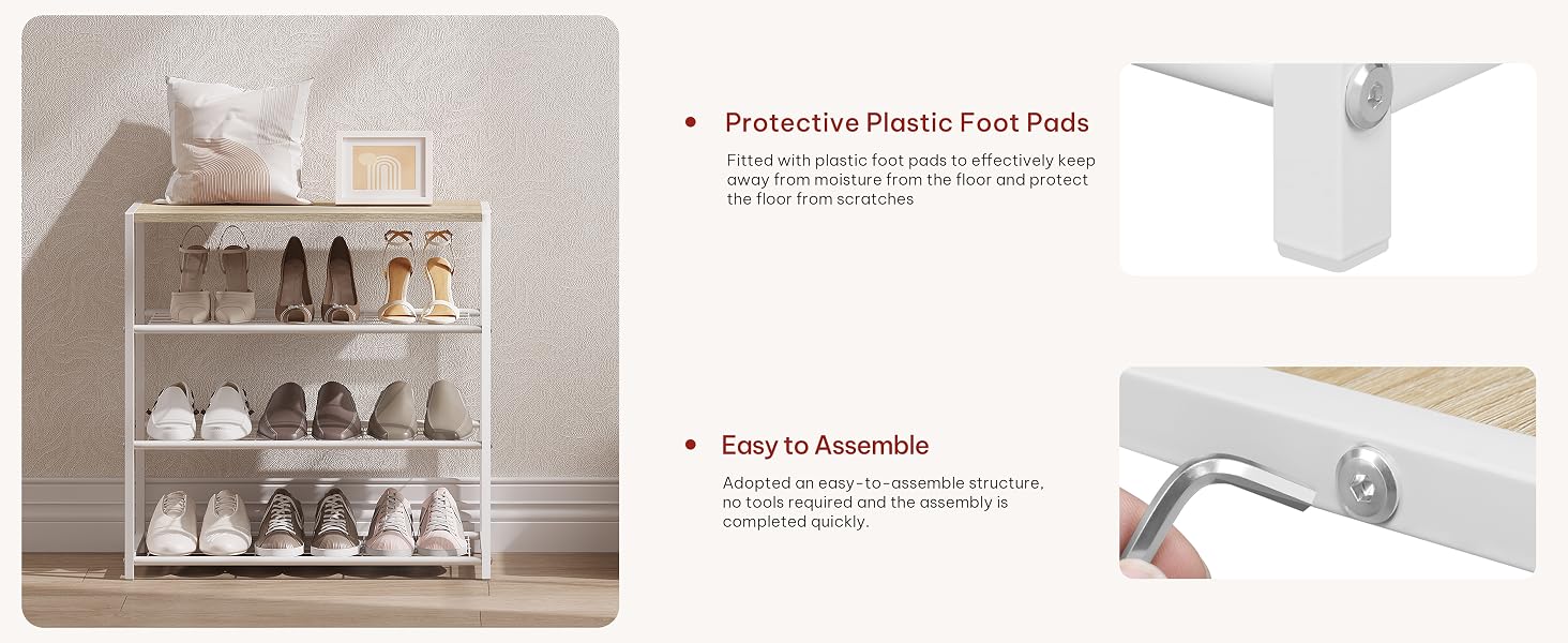 White four-tier shoe rack with protective feet pads.