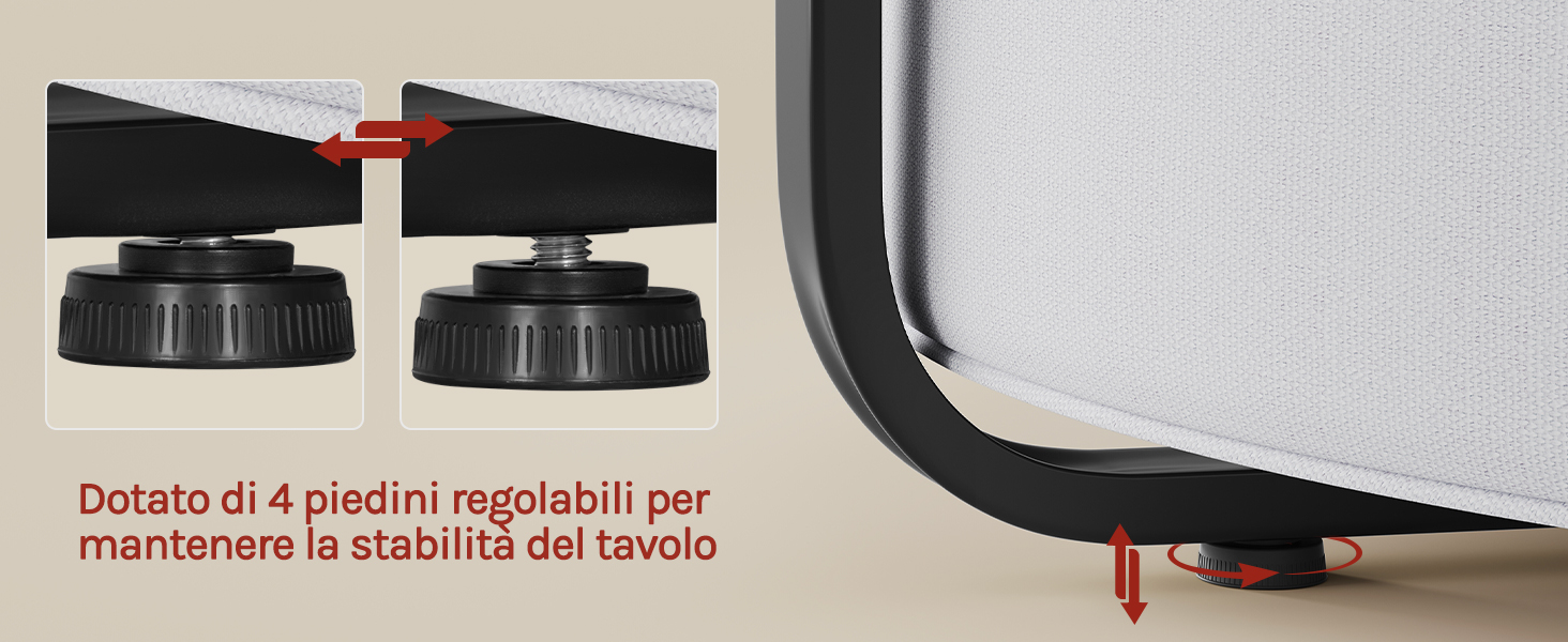 Il testo recita «Dotati di 4 piedini regolabili per mantenere la stabilità del tavolo». Supporto in rete a rete nera con manopole di regolazione rosse e ganci in metallo montati sul bordo del tavolo.