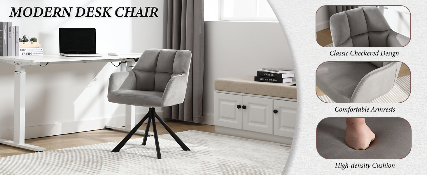 Gray modern desk chair with tufted backrest, armrests, and swivel base. Features include classic checkered design, comfortable armrests, and high-density cushion for ergonomic support in an office setting.