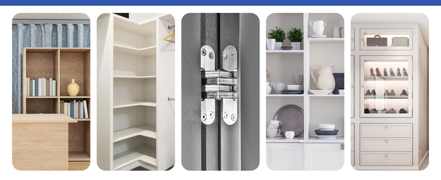 Product carousel showing multiple views of corner storage solutions. White corner shelving units and cabinets displayed in various configurations, featuring adjustable shelves, shoe storage options, and built-in organizational elements.