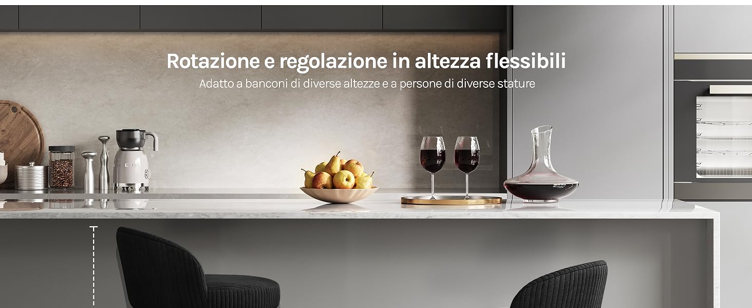 Il testo dice 'Riduzione e regolazione in altezza sensibile' (Riduzione e regolazione flessibile dell'altezza). Interno moderno della cucina con mobili neri, elettrodomestici in acciaio inossidabile e tavolo da pranzo a vista.