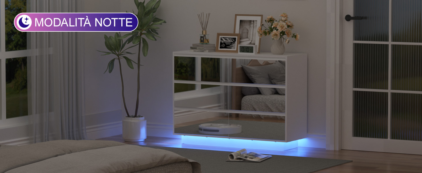 Il testo recita «MODALITA NOTTE». Mobile da soggiorno con striscia LED blu illuminata sotto lo scaffale bianco, che crea un effetto di luce ambientale.