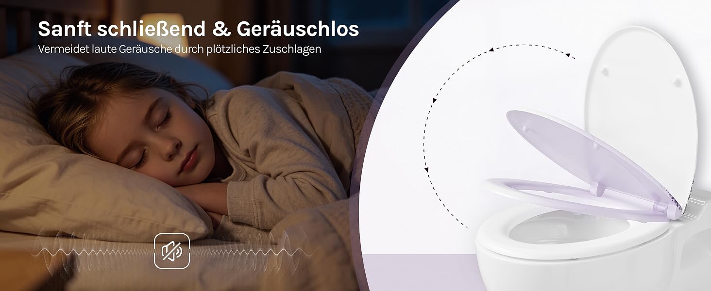Der Text lautet „Sanft schlafen &amp; Geräuschlos“. Geteiltes Bild: links zeigt eine schlafende Person; rechts zeigt ein weißes tragbares Schlafgerät/Zelt mit Belüftungsöffnungen.