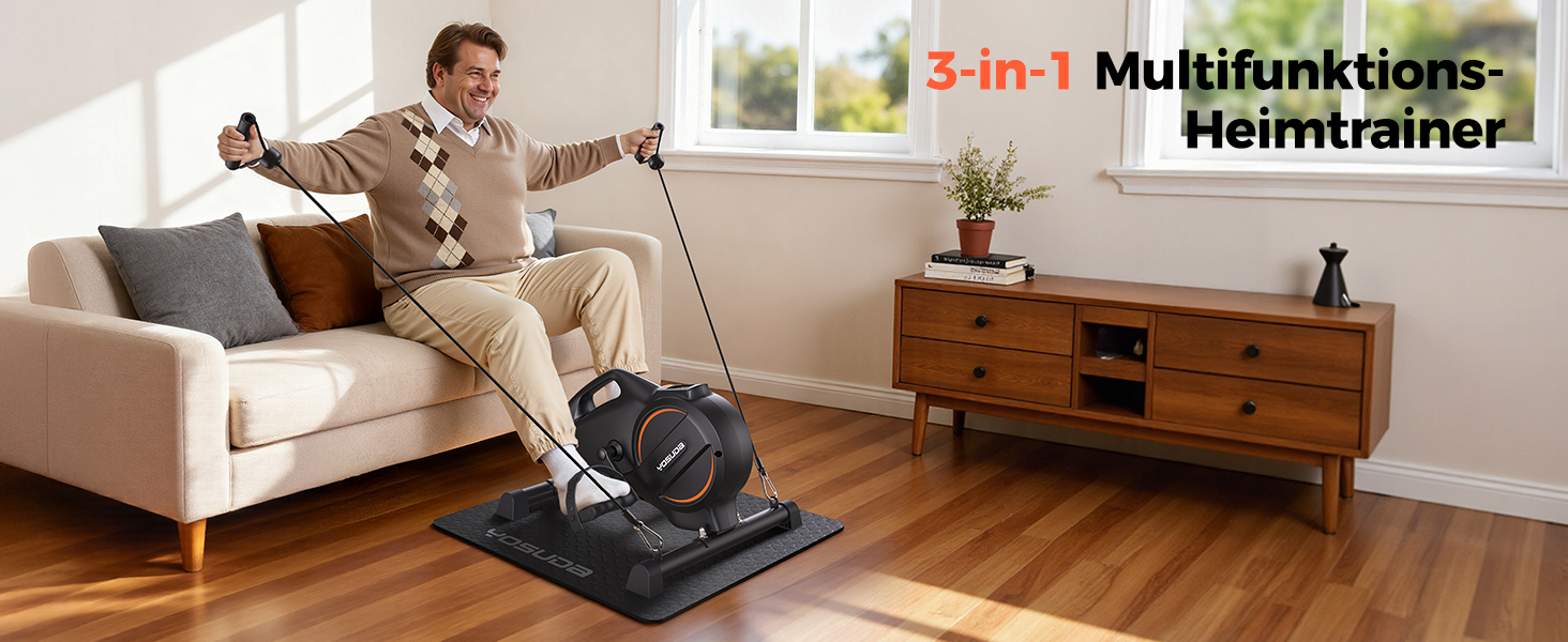 Der Text lautet „3-in-1 Multifunktions- Heimtrainer“. Bilderserie, die faltbare Trainingsgeräte zeigt, die auf einem Hartholzboden in der Nähe des Sofas verwendet werden.
