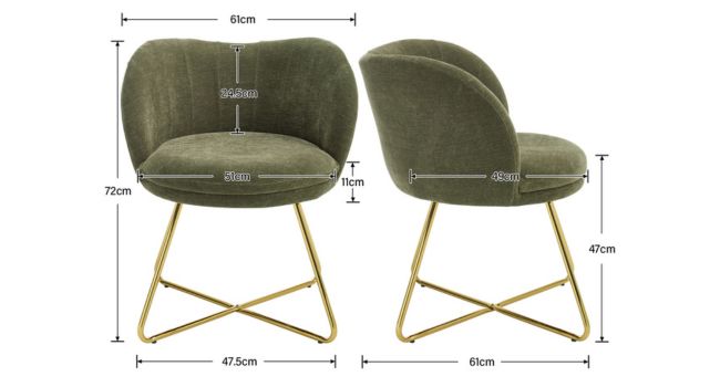 Technical diagram of modern accent chair dimensions, showing olive green upholstered seat with gold metal crossed base from front and side views.
