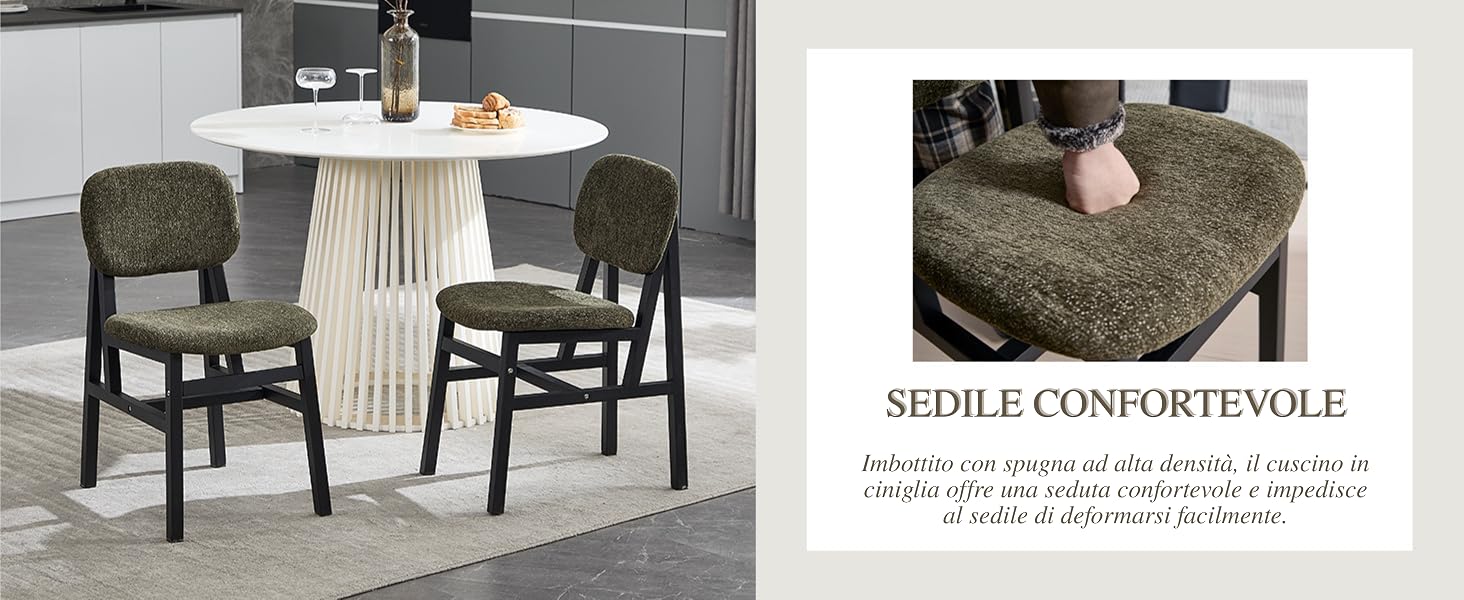 Il testo recita «SEDILE CONFORTEVOLE». Serie di immagini che mostrano sedie imbottite scure con telai in legno in varie angolazioni e posizioni.