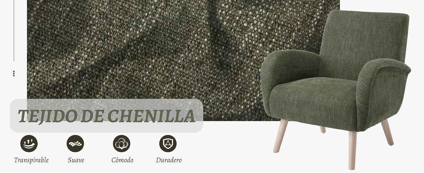 El texto dice «TECIDO DE CHENILLA». El material texturizado de color verde oscuro se muestra en varias vistas y muestra las propiedades de la tela y los detalles del patrón.